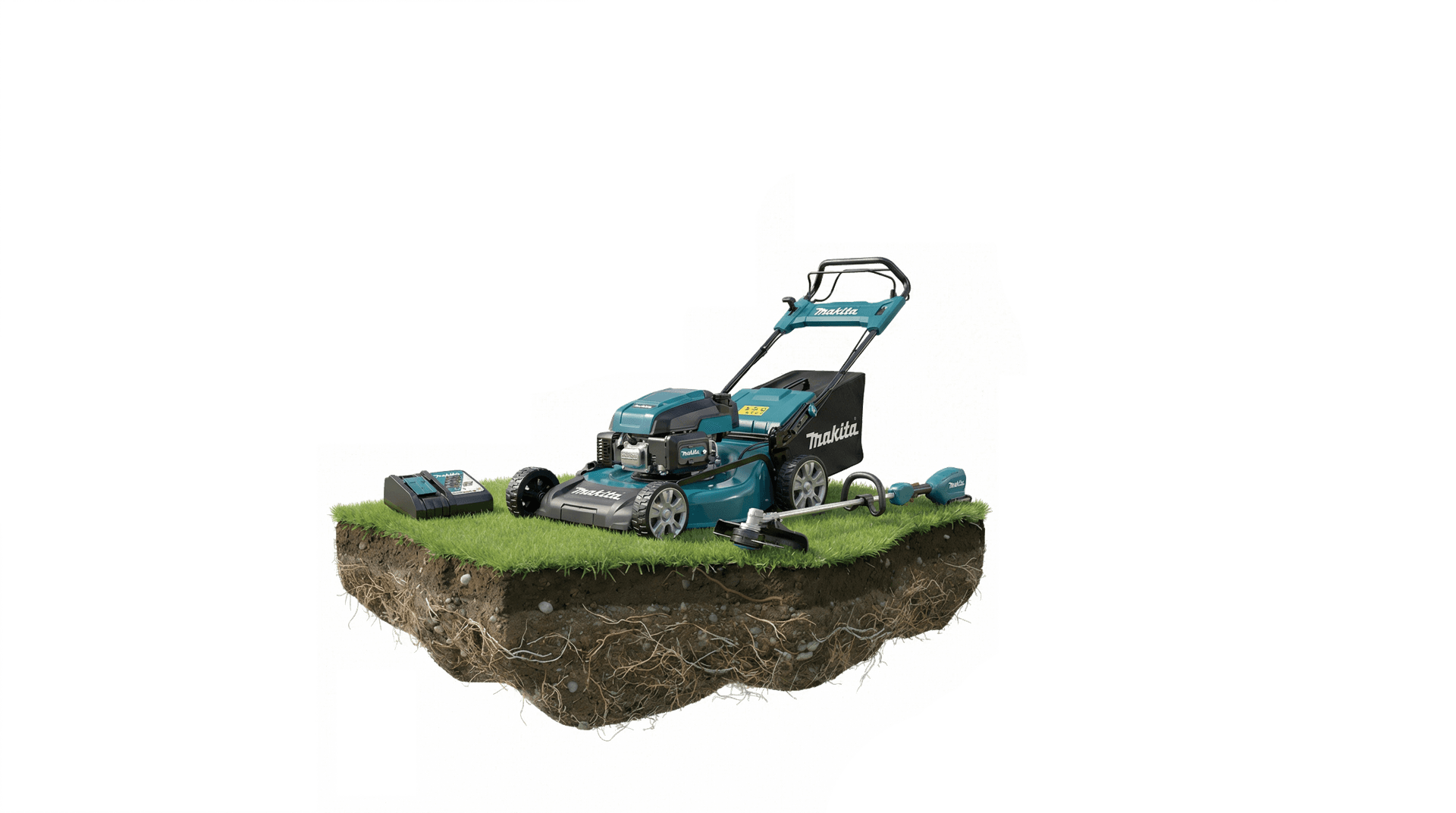 Professional lawn mower on floating grass patch