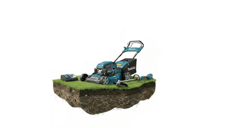Professional lawn mower on floating grass patch